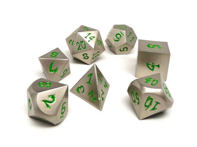 silver dice with green numbers