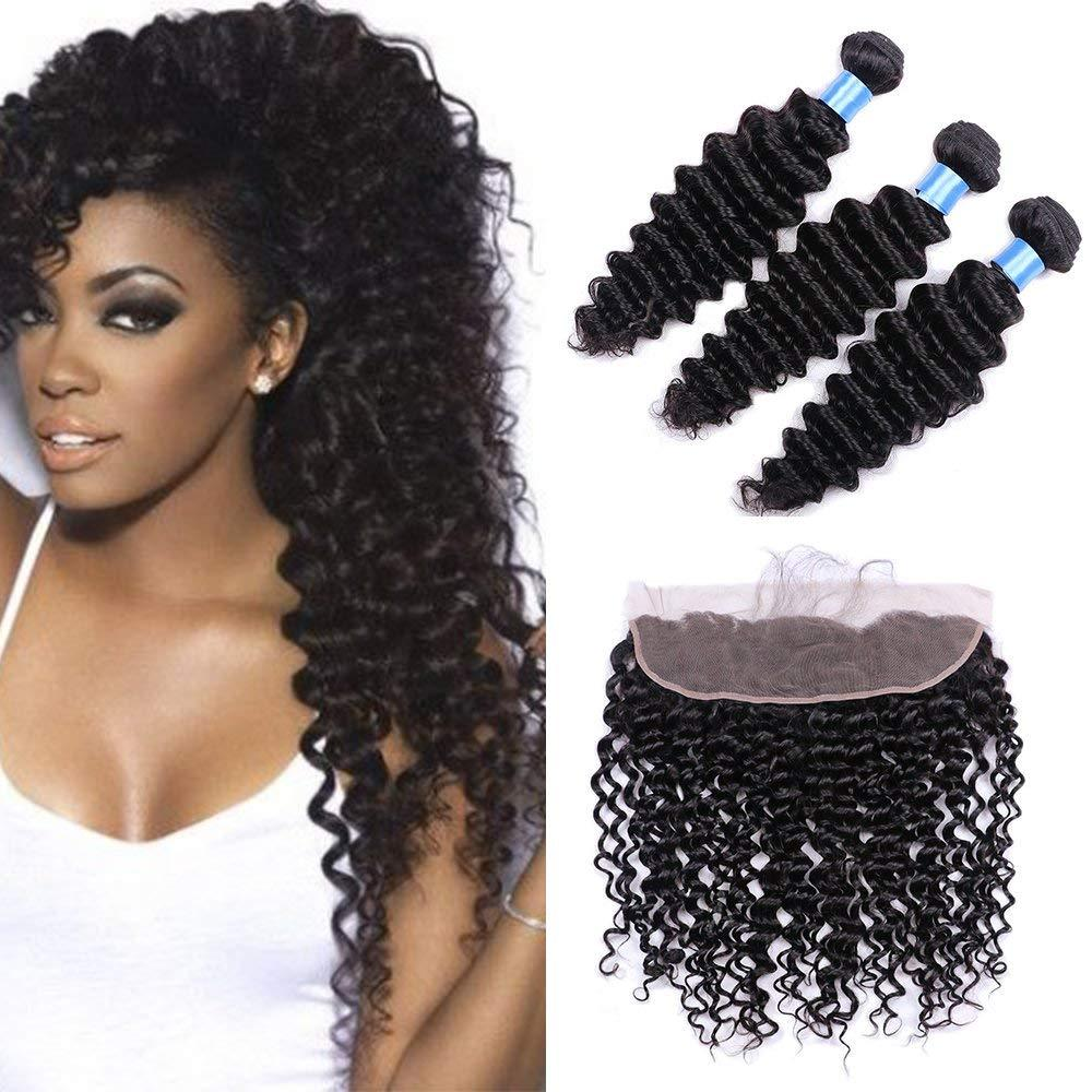 Letmeshine Deep Wave Hair Weave Natural Color 3 Bundles With 13 4 Frontal Lace Closure 100 Virgin Human Hair