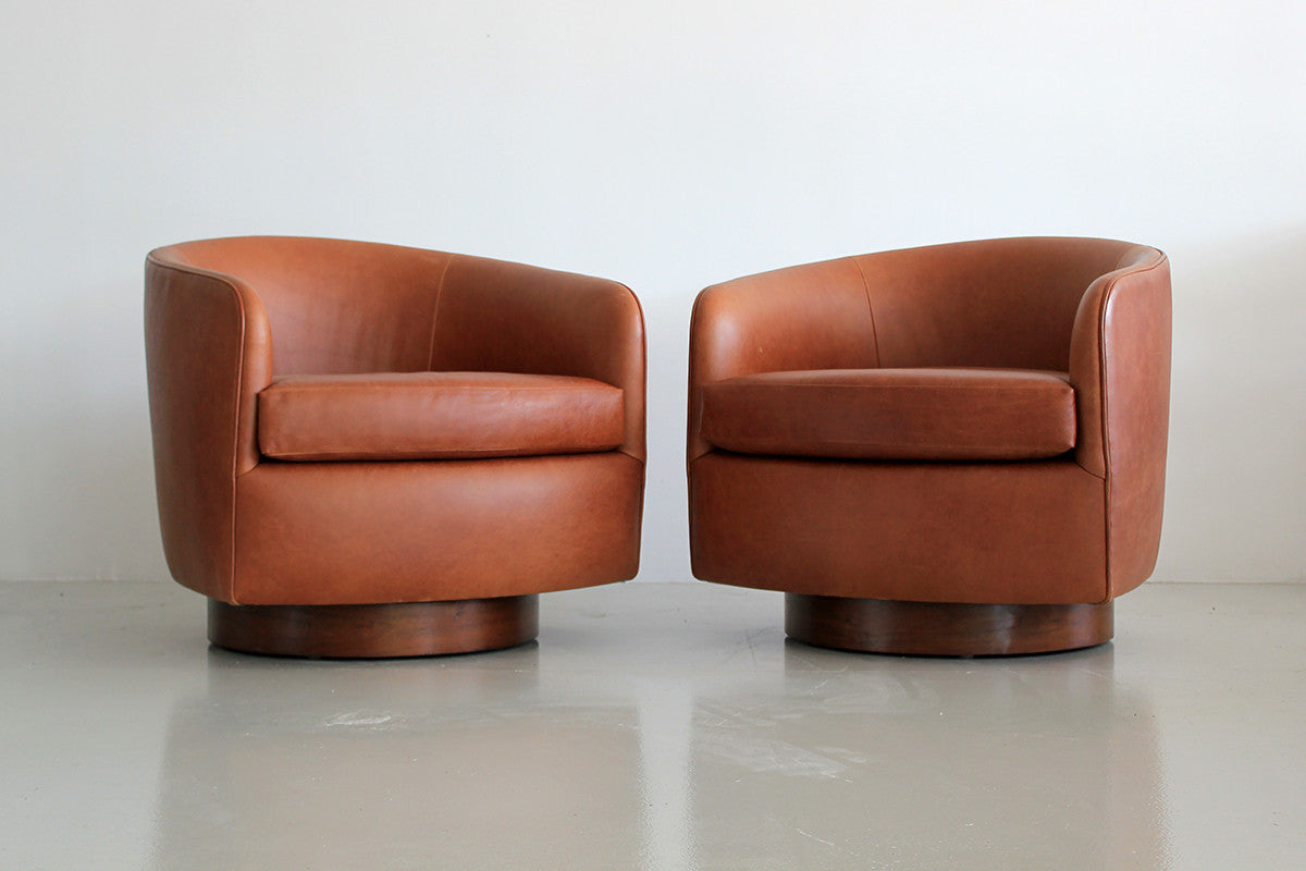 Saddle Leather Swivel Chairs In The Style Of Milo Baughman Orange Furniture Los Angeles
