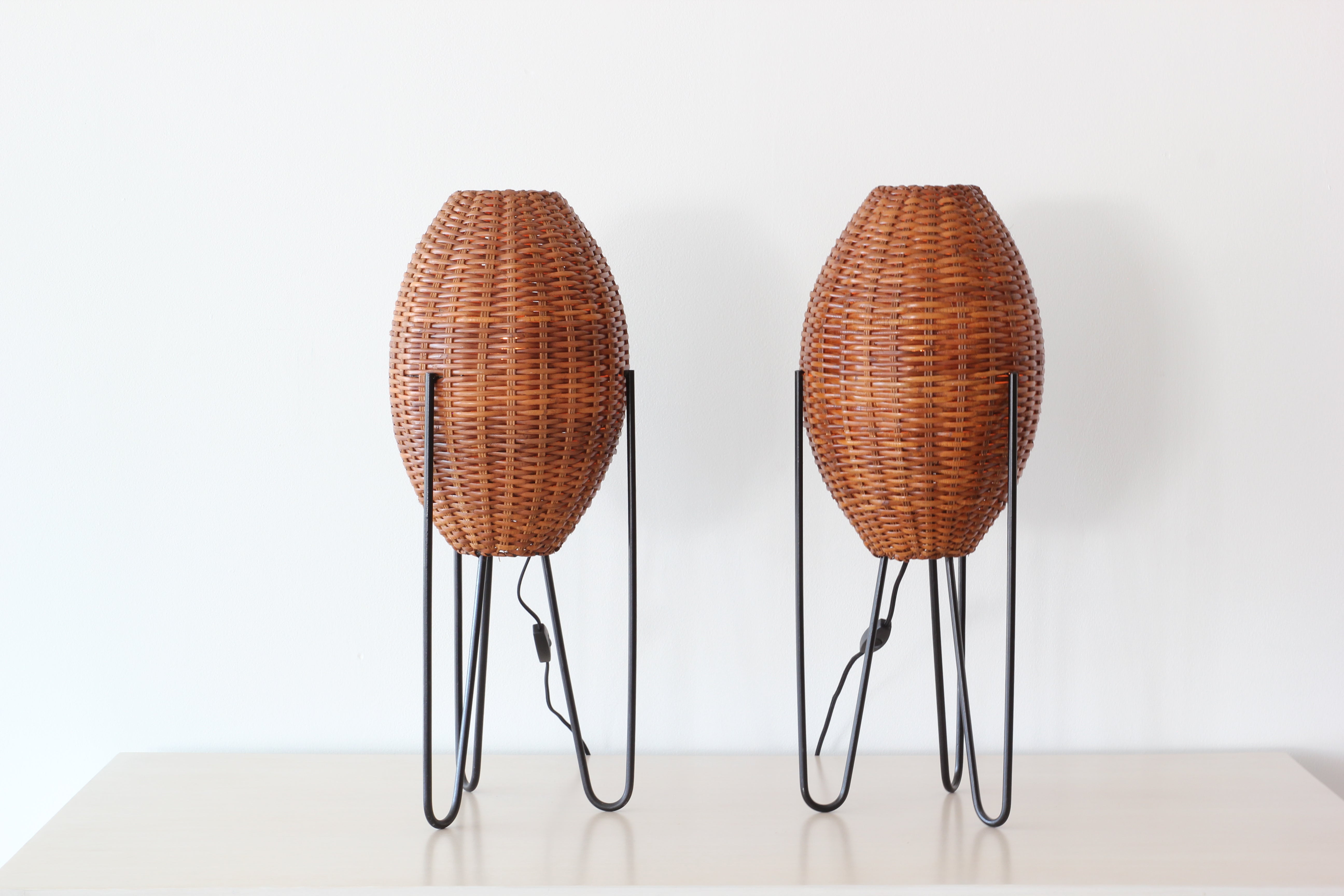 Pair Of Paul Mayen Rattan Lamps