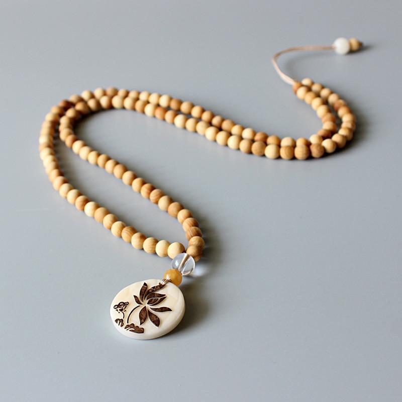 Mala Necklace in Thuja and Amulet in Vegetal Ivory (Tagua Nut) - Lotus Flower