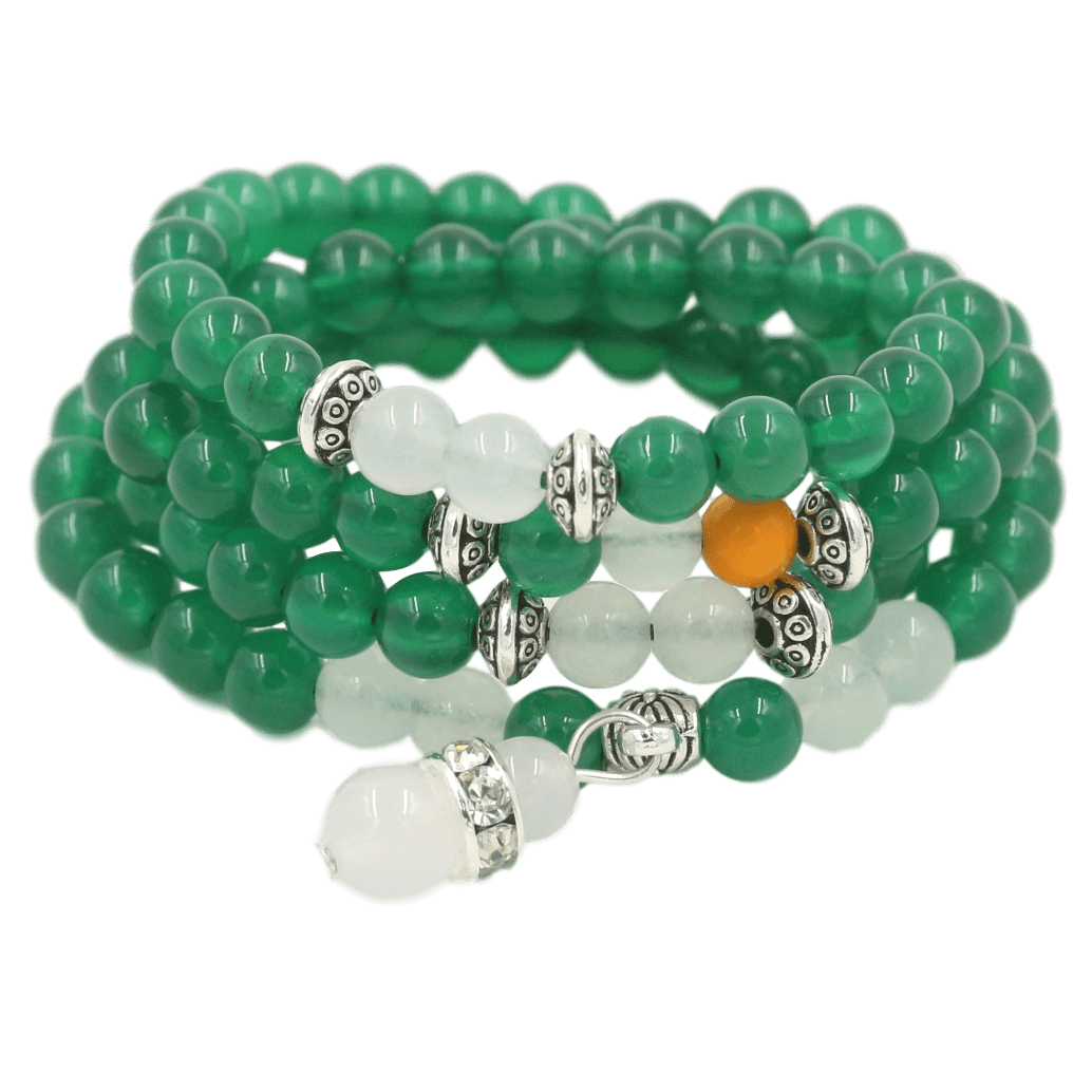 MALA NECKLACE IN GREEN, CRYSTAL AND SILVER AGATE STONE