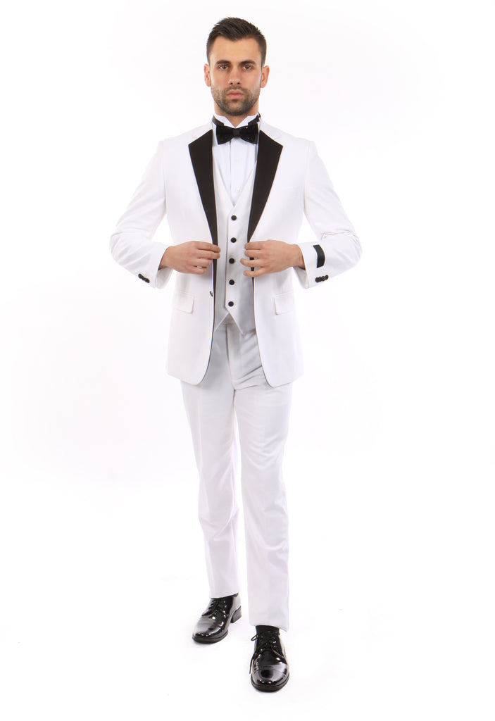 White with black lapel 3 Piece Vested Slim Fit Tuxedo - Wedding Tux ...