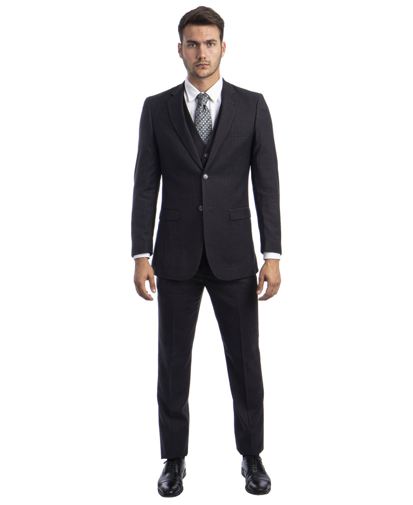 Dark Gray Pinstripe Slim Fit Vested Suit For Interview - Stripe Suits ...
