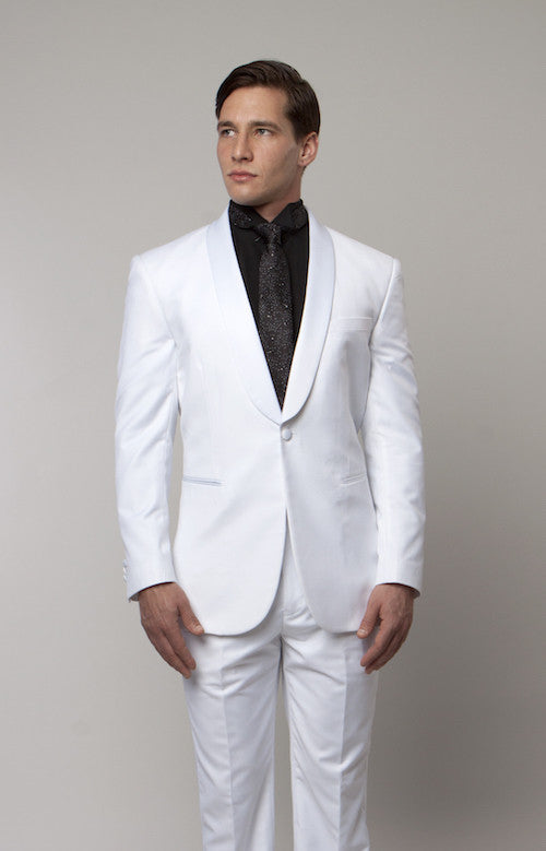 White 1 Button Shawl Lapel Slim Fit Tuxedo-Fitted Tux-Mens Tuxedos ...