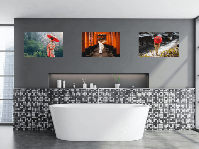 colorful decor for white and gray bathroom