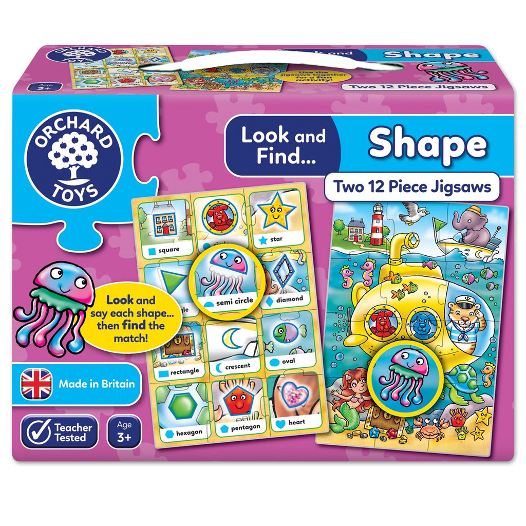 Find shapes. Orchard Toys. Lool and find. Jigsaw activity in teaching.