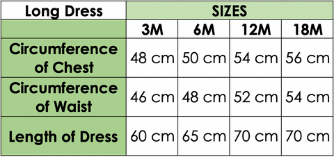 Size Chart - Baptism Dress - Christening Dress