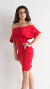 red off the shoulder frill dress