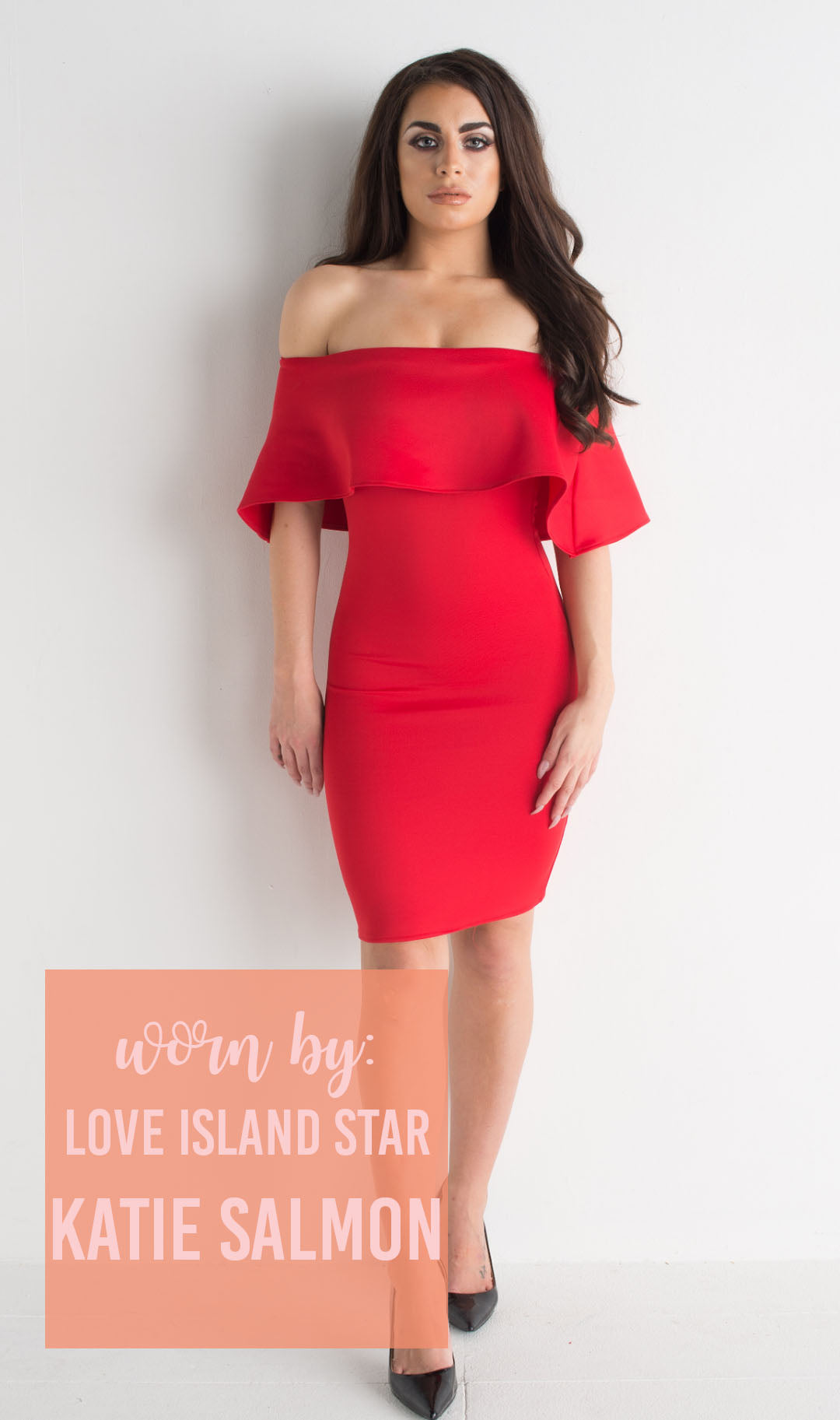 red off the shoulder frill dress