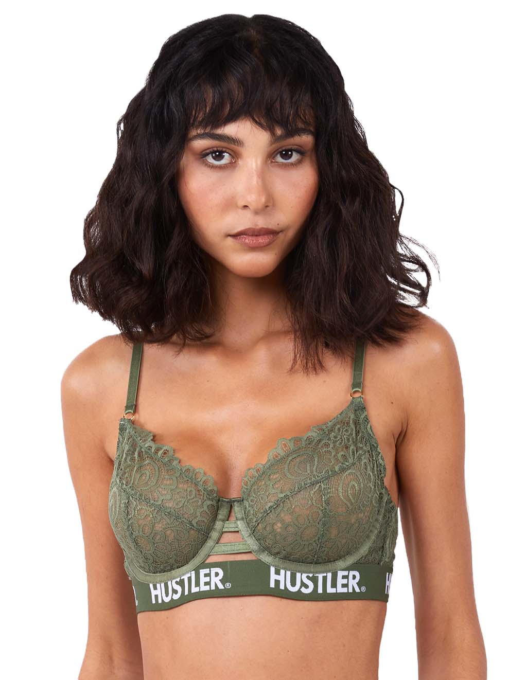 HUSTLER® Logo Lace Bra Olive