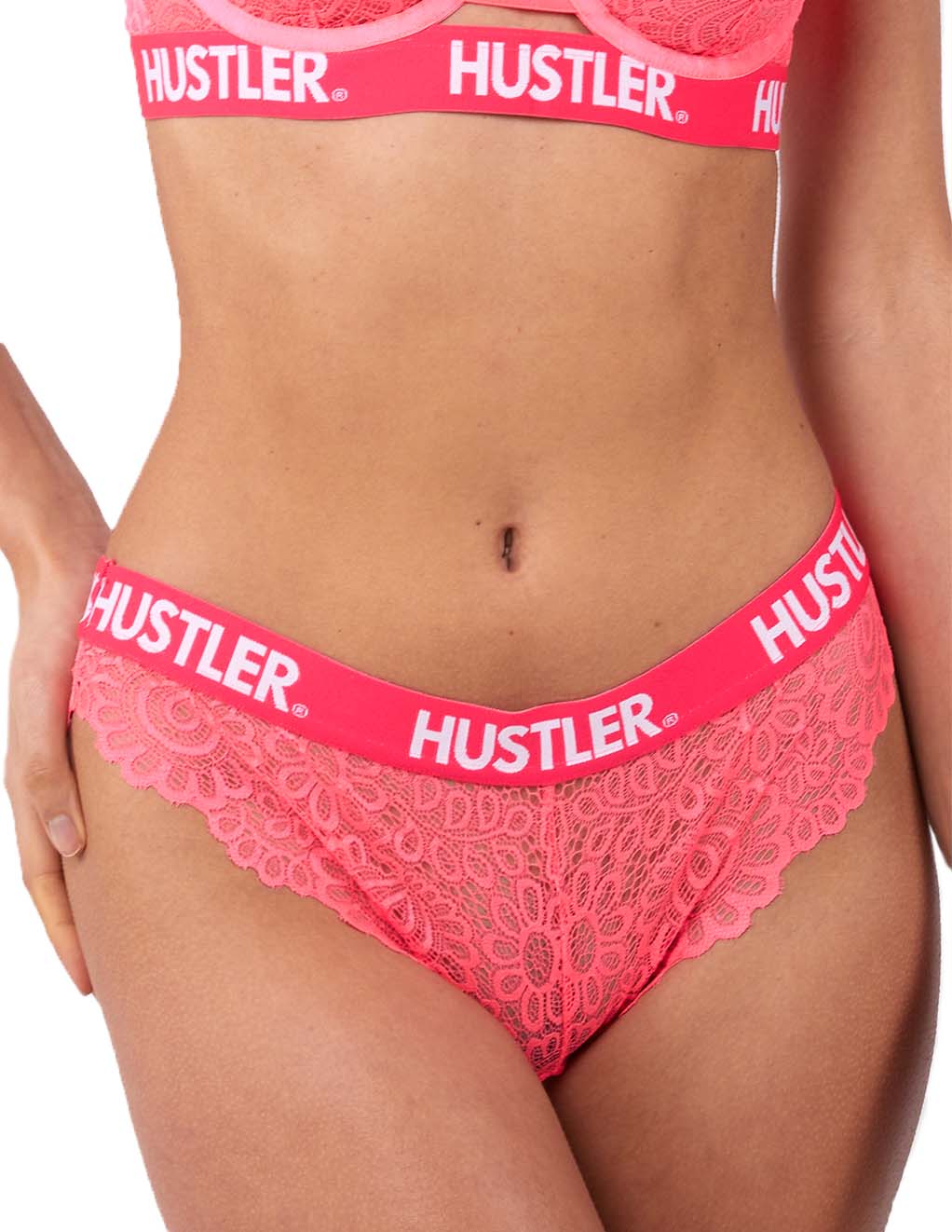 HUSTLER? Logo Lace Brief Neon Pink