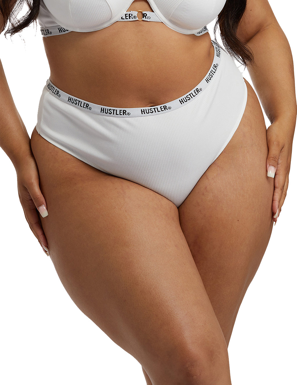 HUSTLER? Logo Ribbed High Waist Thong Ivory