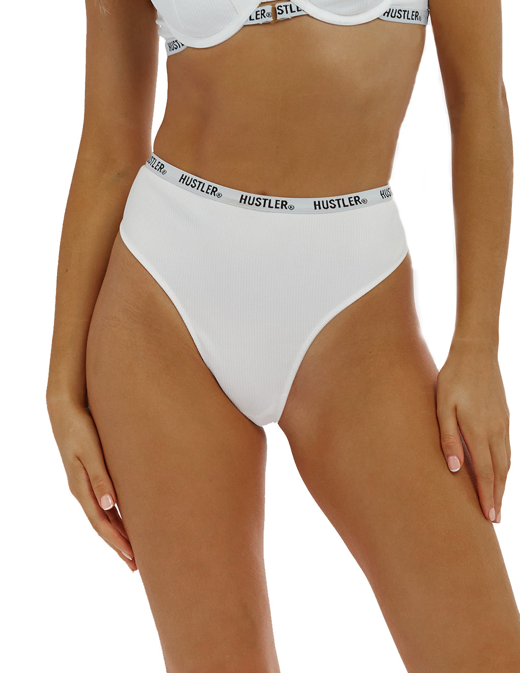 HUSTLER® Logo Ribbed High Waist Thong Ivory