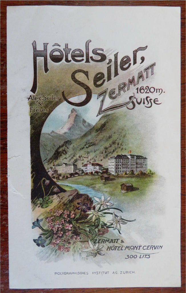 Hotel Seiler Zermatt Swiss Alpine Hotel c 1920's color advertising lea ...