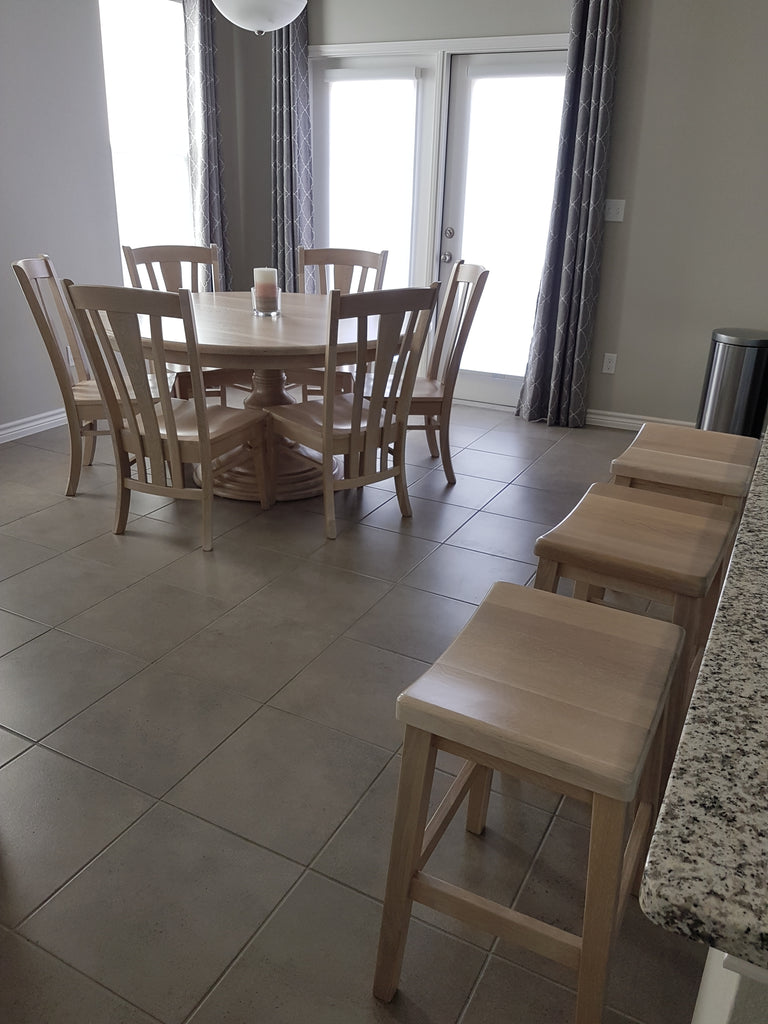 Coby Bar Stool, Kinglsey Pedestal and Meridan Chair in Quarter Sawn White Oak