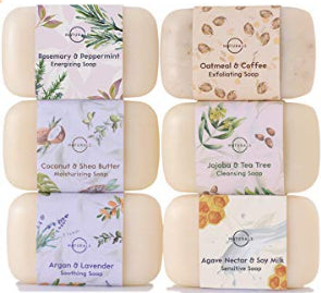 O Naturals 6 Piece Moisturizing Body Wash Bar Soap Collection. 100% Natural Made w/Organic Ingredients & Therapeutic Essential Oils. Face & Hands. Vegan Triple Milled. Gift Set. 