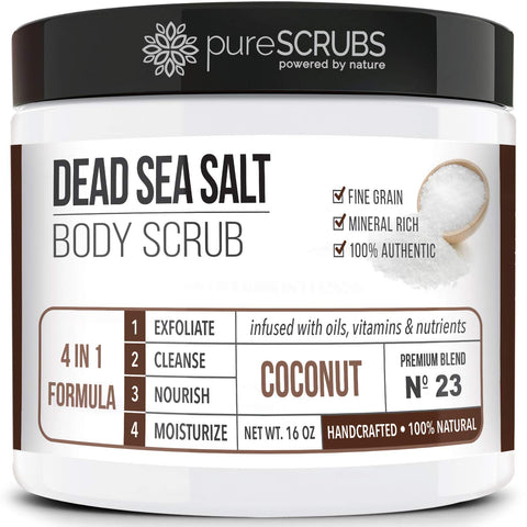 pureSCRUBS Premium Organic Body Scrub Set - INCLUDES spoon, loofah & soap - Large 16oz COCONUT BODY SCRUB Dead Sea Salt Infused Organic Essential Oils & Nutrients