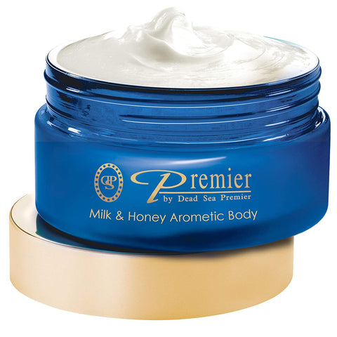 Premier Dead Sea Aromatic Body Butter- Milk and Honey, anti aging skin care, moisturizer, hydrating shea butter, firming, age spots, neck & Décolleté, lightweight & silky