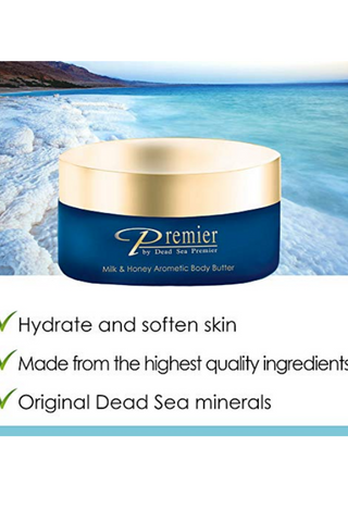 Premier Dead Sea Aromatic Body Butter- Milk and Honey, minerals, anti aging, firming, skin tone, age spots, Neck & Decollete, Lightweight, and Long-Lasting Nourishment, silky, non tacky 5.95 Fl.oz