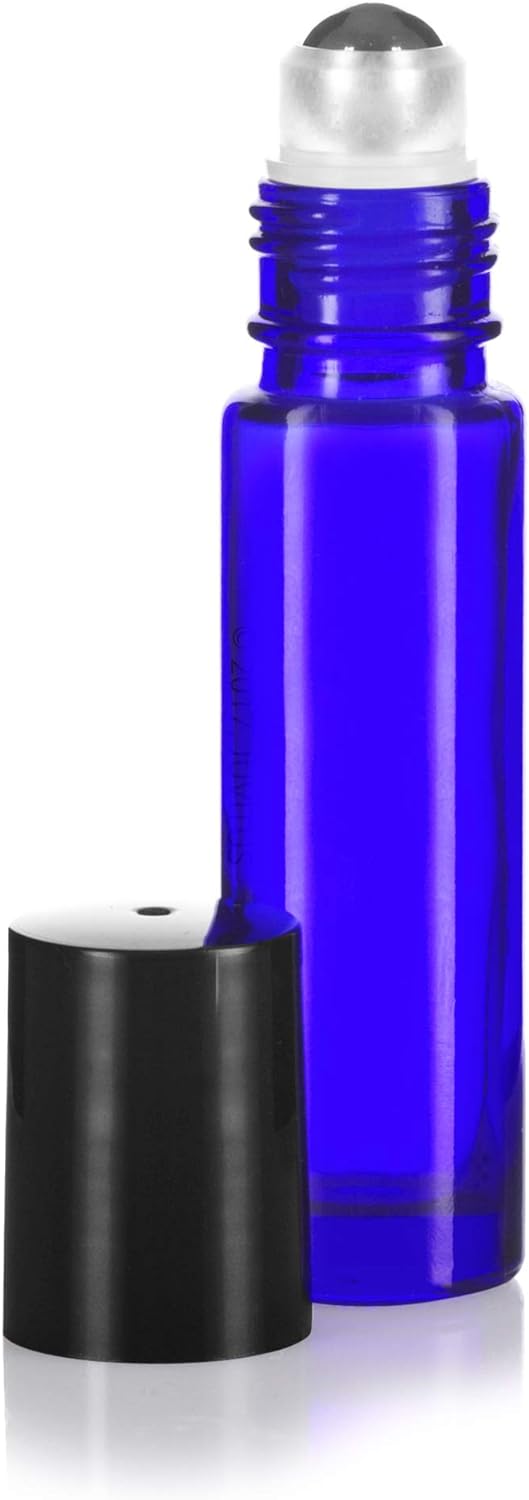 0.33 oz / 10 ml Cobalt Blue Glass Bottle with Stainless Steel Roll On Applicator and Cap (100 PACK)