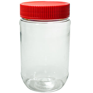 Download Plastic Peanut Butter Jar in Clear with Red Ribbed Foil Lined Lid - 17 oz / 500 ml