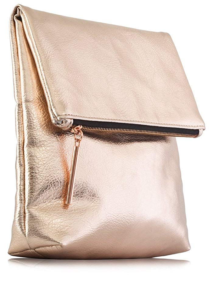 Rose Gold Metallic Premium PU Vegan Leather Fold Over Clutch Bag, Fully ...