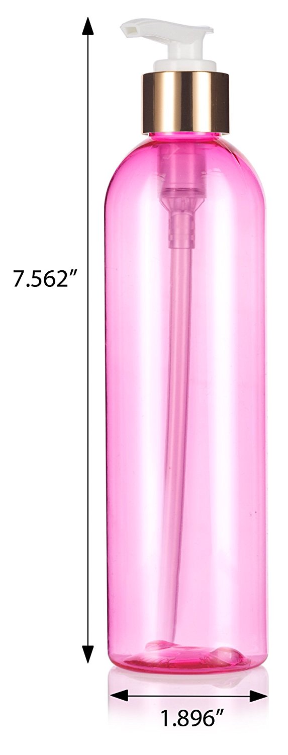 Download Pink Plastic Slim Cosmo Bottle with Gold Lotion Pump - 8 oz / 250 ml