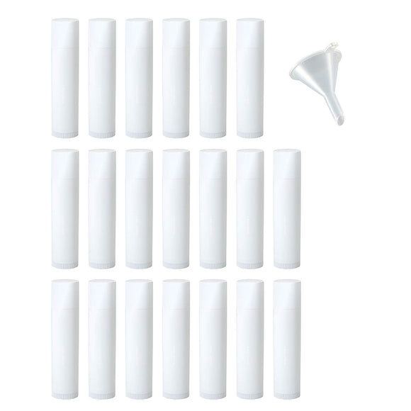 White Empty DIY Lip Balm Container Tubes (20 pack) + Funnel, 0.15 oz (Standard Size) - Twist Up Base and Cap, For lip balm, solid perfume, body balms, cuticle creams and more!