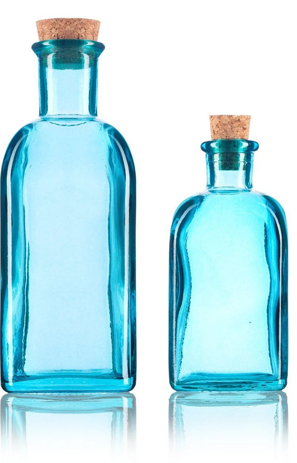 Blue Spanish Thick Recycled Glass Bottle with Natural Cork Top Set 2