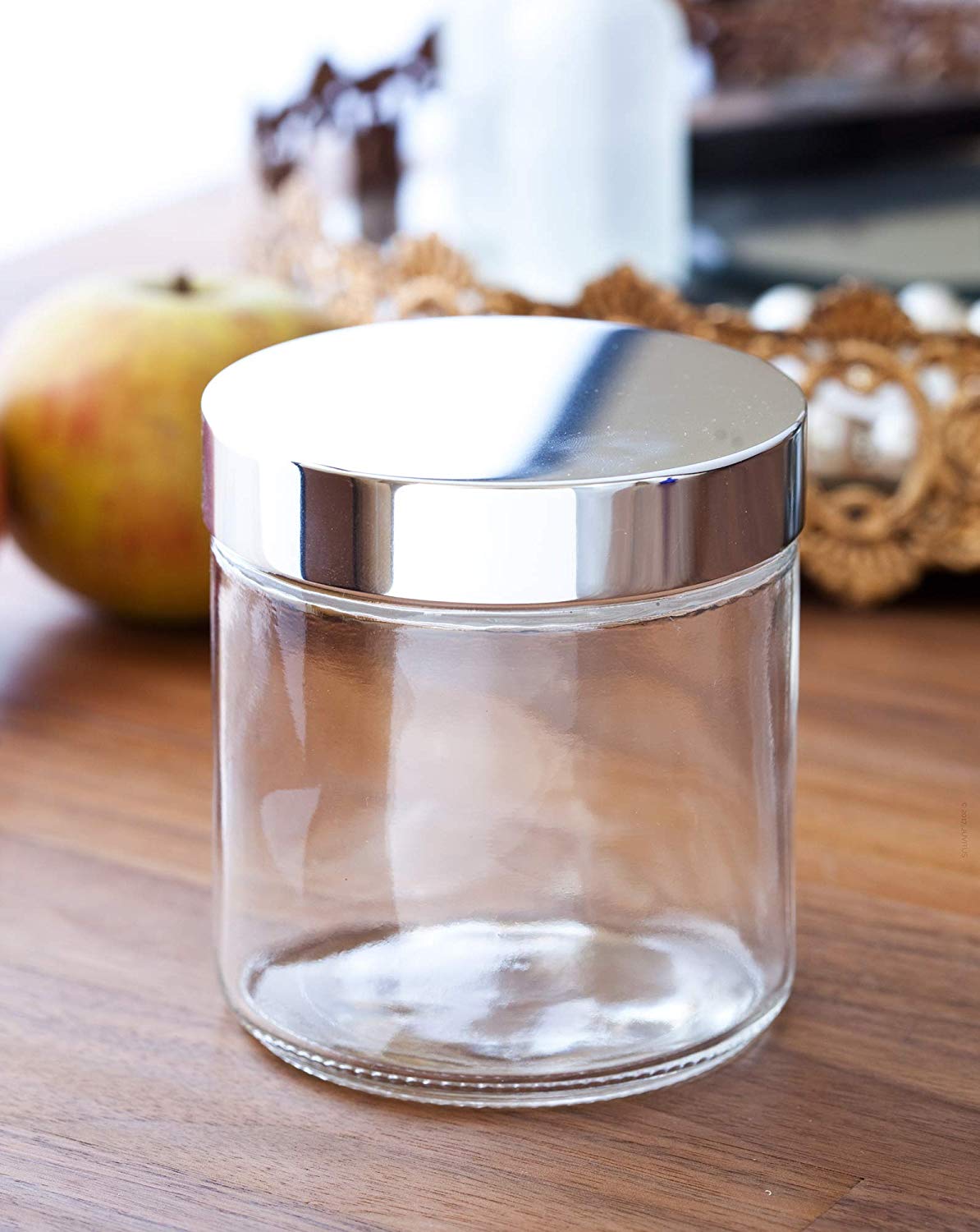 Glass Jar in Clear with Silver Metal Overshell Lid - 16 oz \/ 480 ml