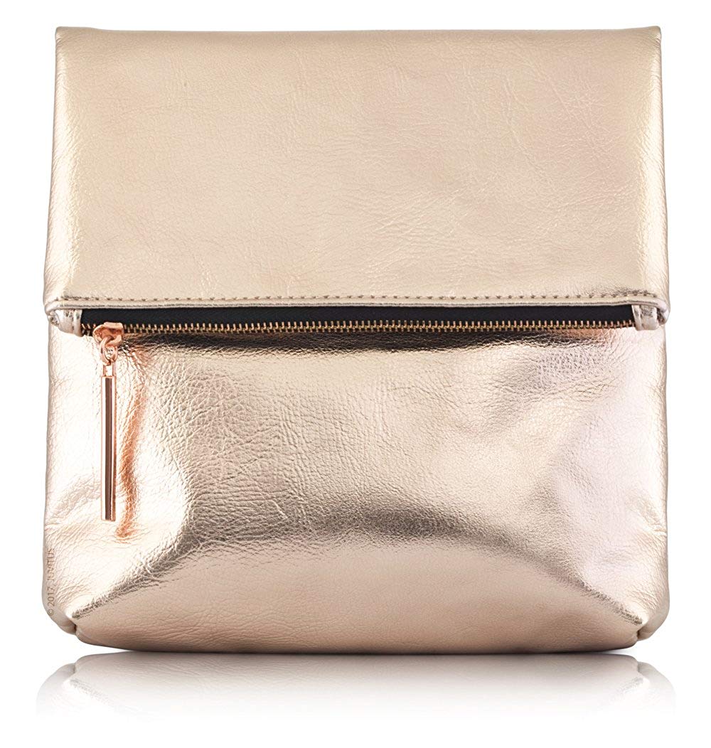 Rose Gold Metallic Premium PU Vegan Leather Fold Over Clutch Bag, Fully ...