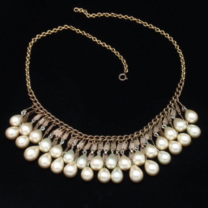 Fringe Necklace with Imitation Pearl Teardrops Vintage Staggered Rows ...