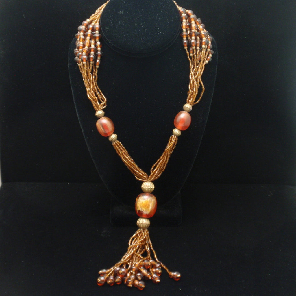 Bohemian Multi-Strand Necklace with Amber & Topaz Toned Beads & Tassel ...