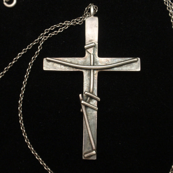 Crucifix Cross Pendant Necklace Modernist Sterling Silver Vintage