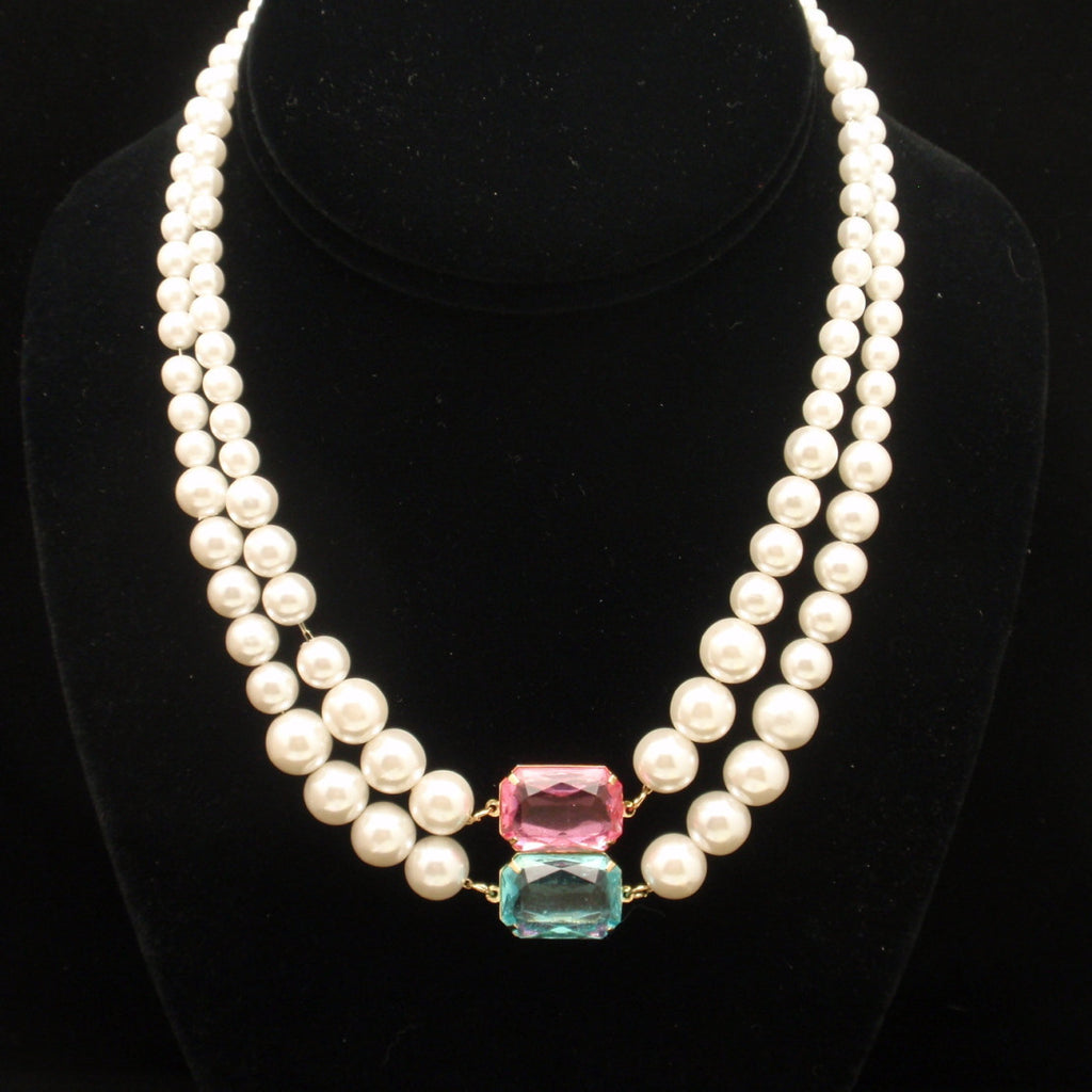 Double Strand Imitation Pearl Necklace with Two Color Enhancer Pendant