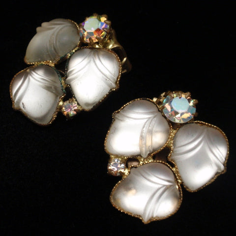 Cloud White Satin Glass & AB Rhinestone Earrings Vintage West Germany ...