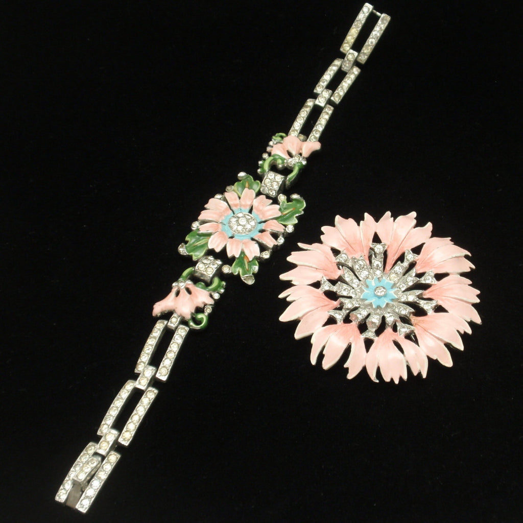 Pink Flower Rhinestones Clip Pin Bracelet Set 1940s Vintage Trifari pa ...