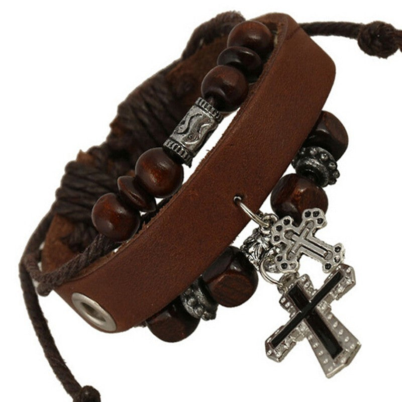 Cross and Beads Black Leather Bracelet – Fort Valley Bob's Simple Man Store