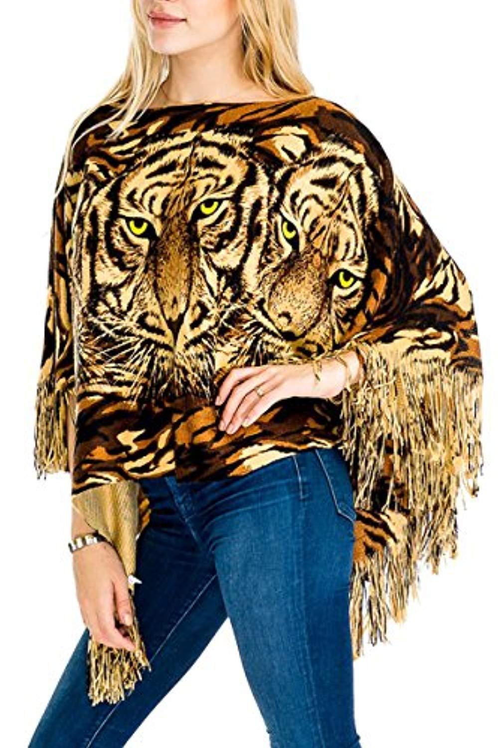 Fashion Secrets Tiger Print Sweater Poncho Cap With Fringes – Fashion ...