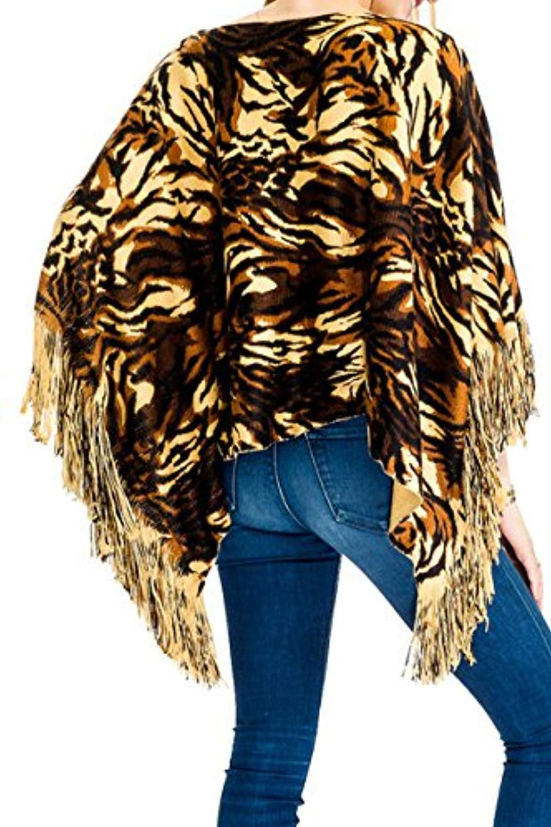 Fashion Secrets Tiger Print Sweater Poncho Cap With Fringes – Fashion ...