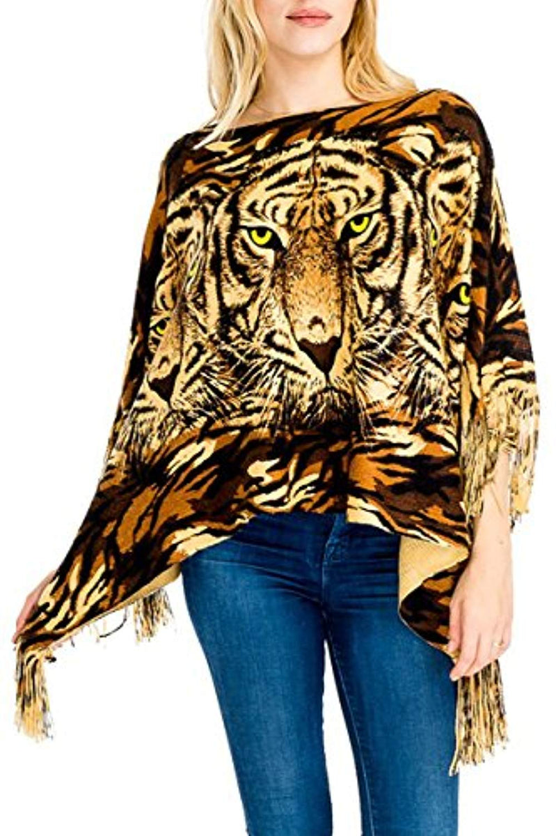 Fashion Secrets Tiger Print Sweater Poncho Cap With Fringes – Fashion ...
