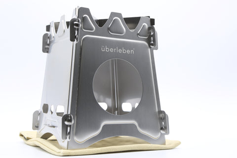 The Überleben Stöker Flatpack Stove in stainless steel. Ideal for making small campfires while backpacking or hiking.