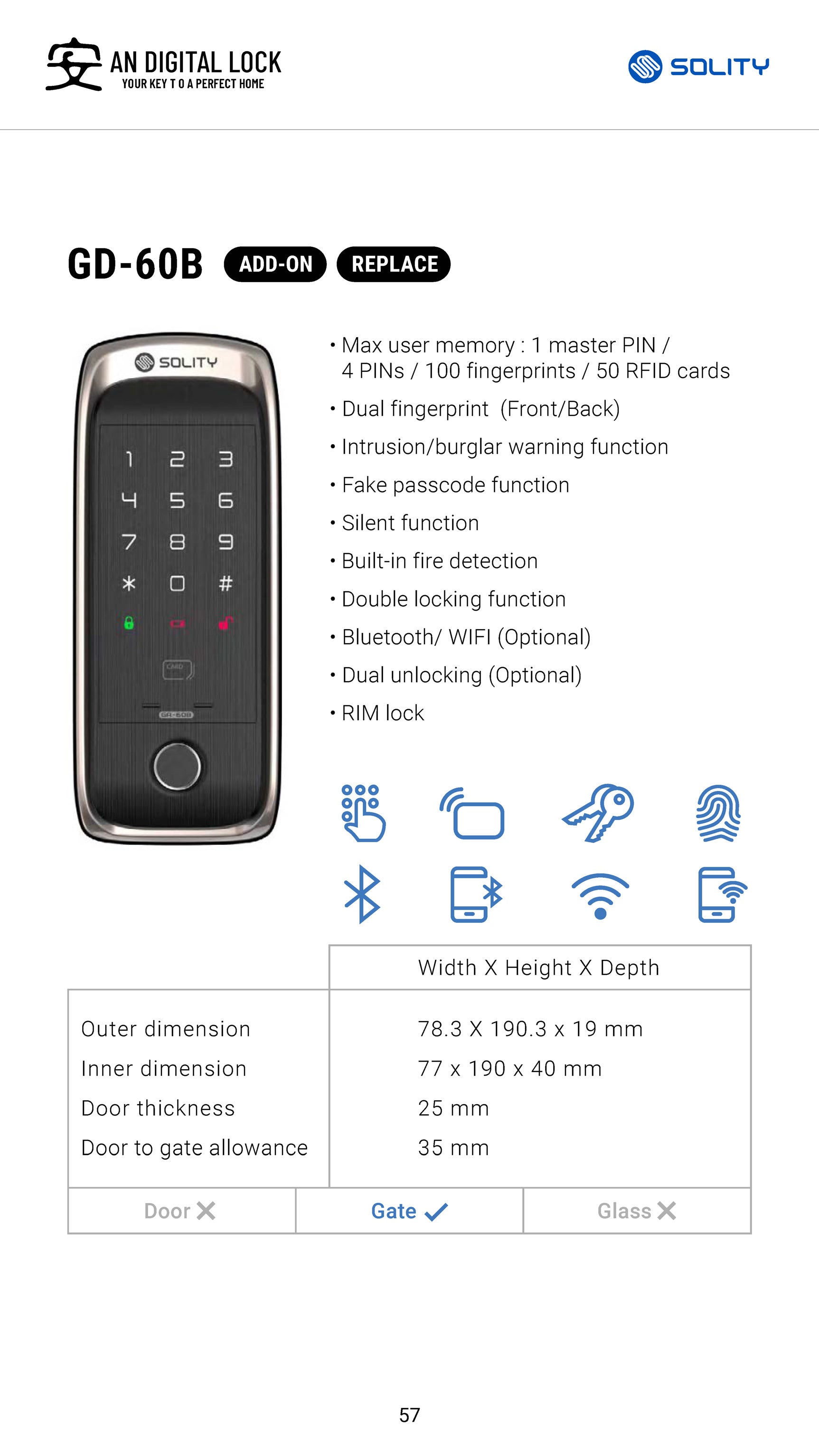 Solity GD 60BK Digital Lock Features and Specification