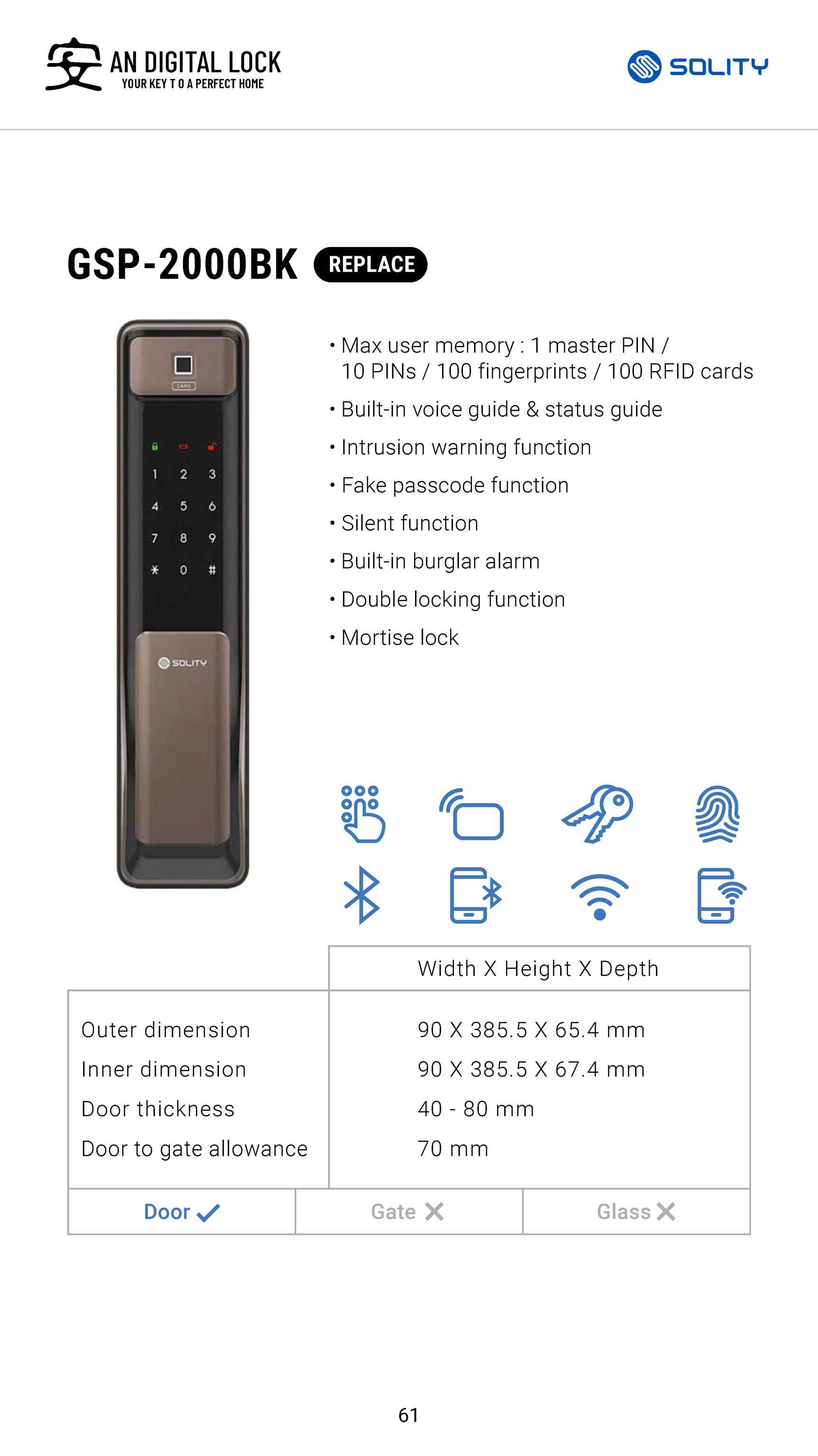 Solity GSP 2000BK Push pull digital door lock with 5 in 1 functions, fingerprint, pin code, rfid card, mechanical key and mobile app wifi