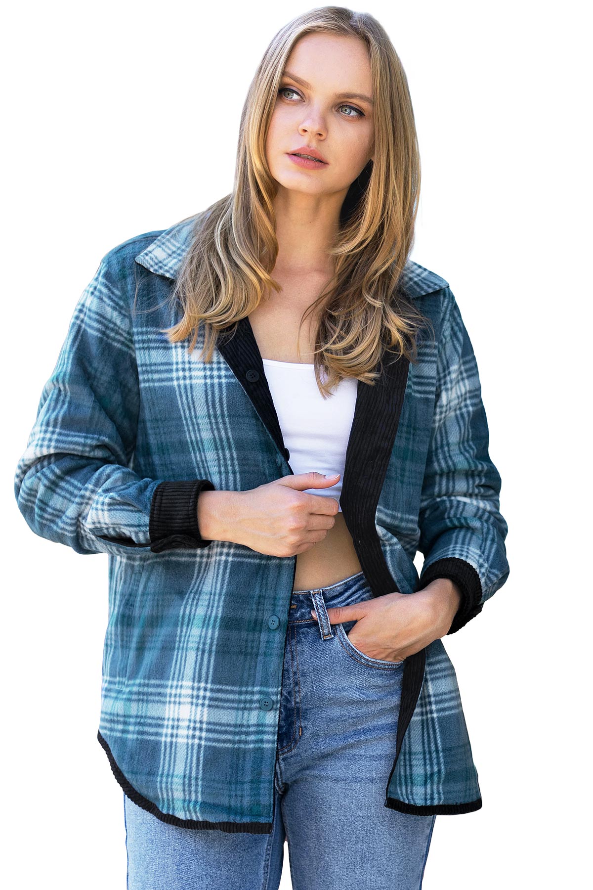 Reversible Plaid-Cord Shacket