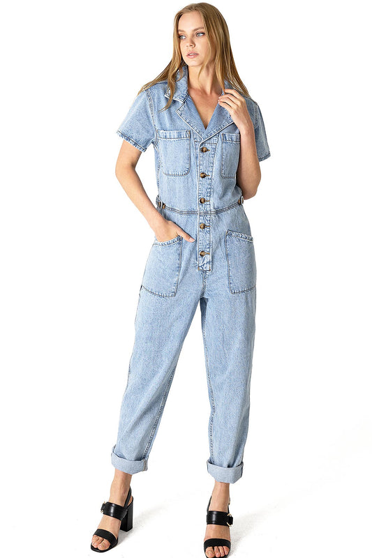 Lana Roux Aviator Relax Denim Utility Coverall Jumpsuit – Pink Ice