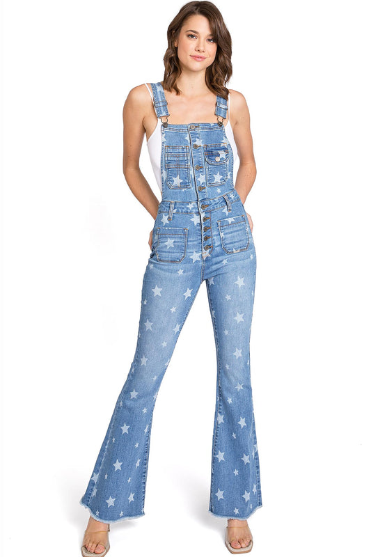 Lana Roux Star Print Zipper Denim Flare Overalls – Pink Ice