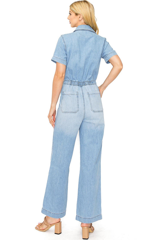 Lana Roux Aviator Relax Denim Utility Coverall Jumpsuit – Pink Ice