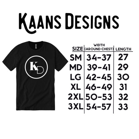 adult sizing chart for custom name title shirts, multiple colors